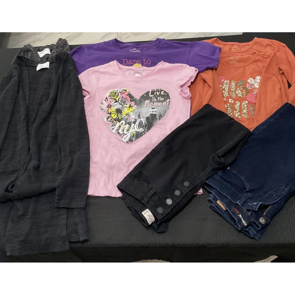 Mixed Brands Outfit Lot Girls 10-12 T Shirts Jeans Pants Disney Glitter 8pc